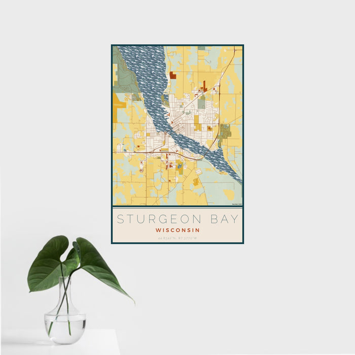 16x24 Sturgeon Bay Wisconsin Map Print Portrait Orientation in Woodblock Style With Tropical Plant Leaves in Water