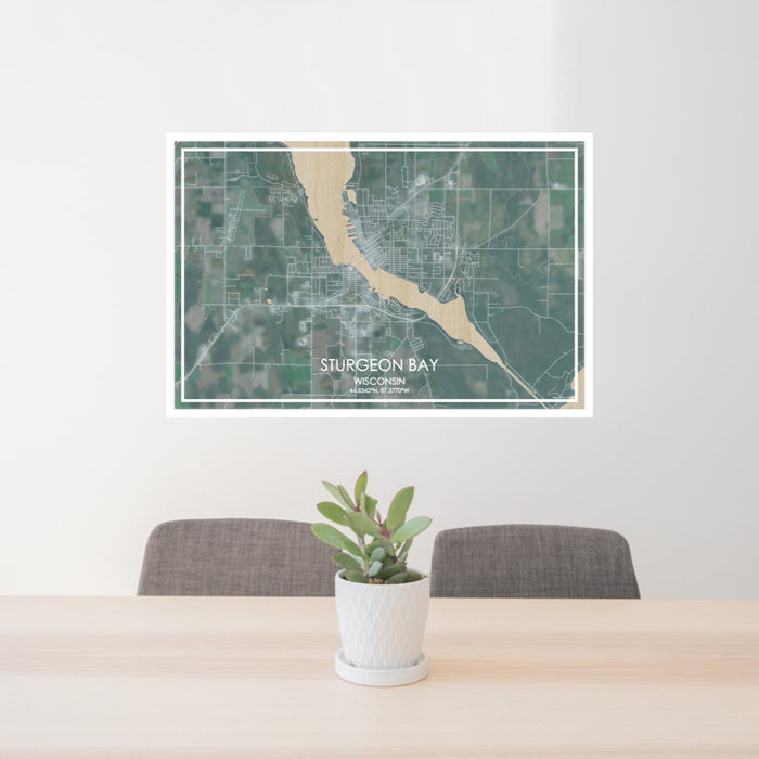 24x36 Sturgeon Bay Wisconsin Map Print Lanscape Orientation in Afternoon Style Behind 2 Chairs Table and Potted Plant