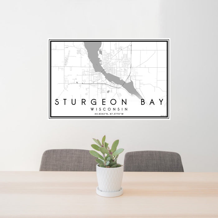 24x36 Sturgeon Bay Wisconsin Map Print Lanscape Orientation in Classic Style Behind 2 Chairs Table and Potted Plant