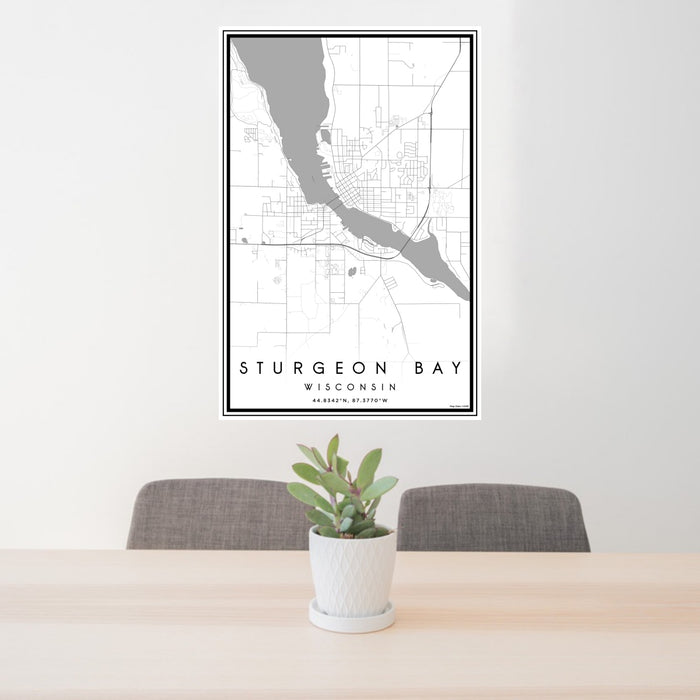 24x36 Sturgeon Bay Wisconsin Map Print Portrait Orientation in Classic Style Behind 2 Chairs Table and Potted Plant