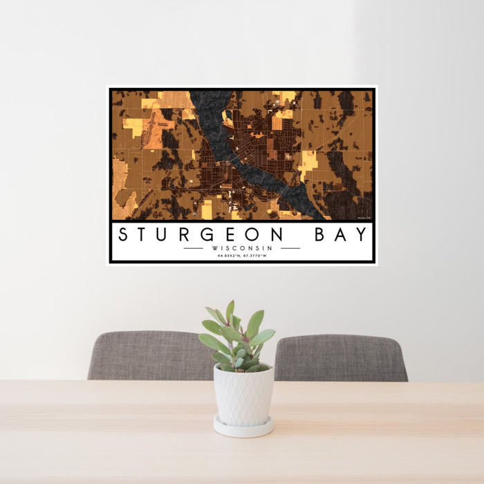 24x36 Sturgeon Bay Wisconsin Map Print Lanscape Orientation in Ember Style Behind 2 Chairs Table and Potted Plant