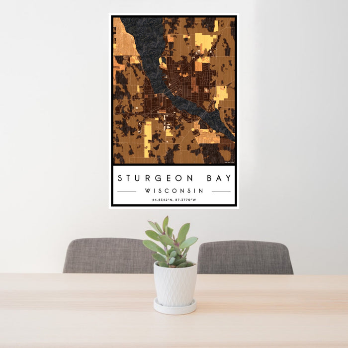 24x36 Sturgeon Bay Wisconsin Map Print Portrait Orientation in Ember Style Behind 2 Chairs Table and Potted Plant
