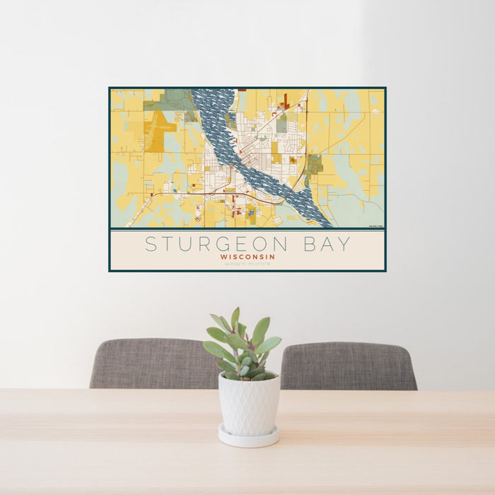 24x36 Sturgeon Bay Wisconsin Map Print Lanscape Orientation in Woodblock Style Behind 2 Chairs Table and Potted Plant