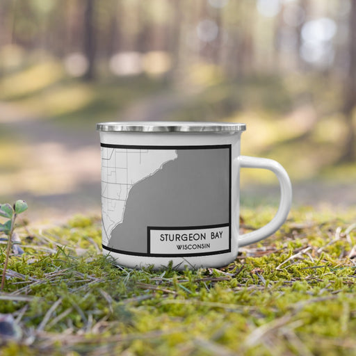 Right View Custom Sturgeon Bay Wisconsin Map Enamel Mug in Classic on Grass With Trees in Background