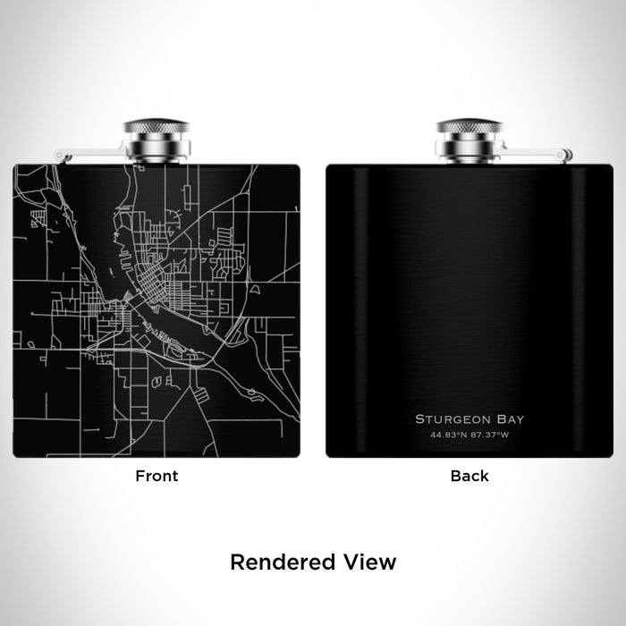Rendered View of Sturgeon Bay Wisconsin Map Engraving on 6oz Stainless Steel Flask in Black