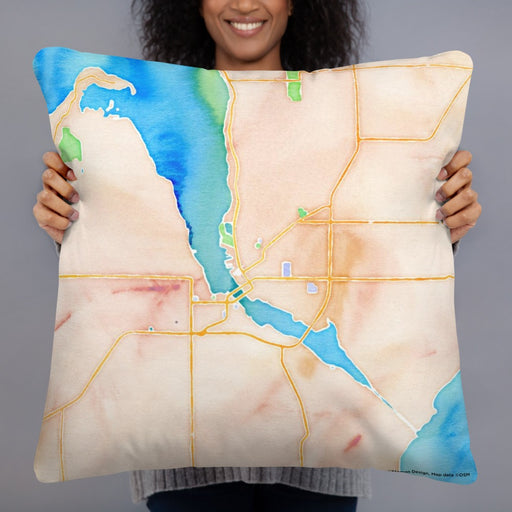 Person holding 22x22 Custom Sturgeon Bay Wisconsin Map Throw Pillow in Watercolor