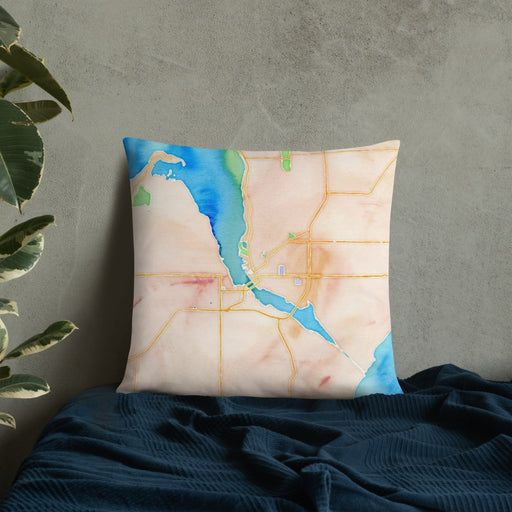 Custom Sturgeon Bay Wisconsin Map Throw Pillow in Watercolor on Bedding Against Wall