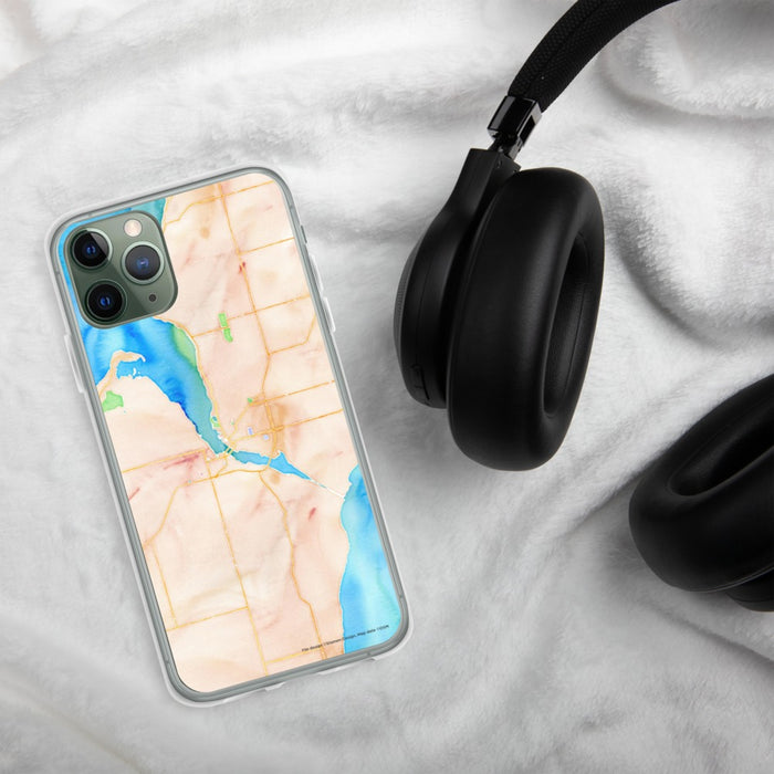 Custom Sturgeon Bay Wisconsin Map Phone Case in Watercolor on Table with Black Headphones