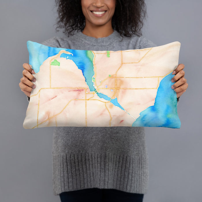 Person holding 20x12 Custom Sturgeon Bay Wisconsin Map Throw Pillow in Watercolor