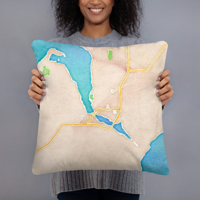 Person holding 18x18 Custom Sturgeon Bay Wisconsin Map Throw Pillow in Watercolor