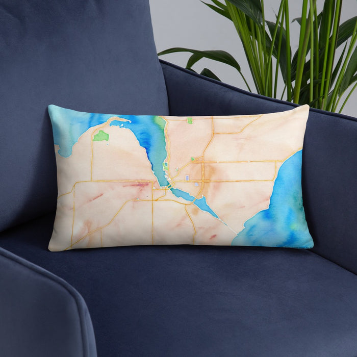 Custom Sturgeon Bay Wisconsin Map Throw Pillow in Watercolor on Blue Colored Chair