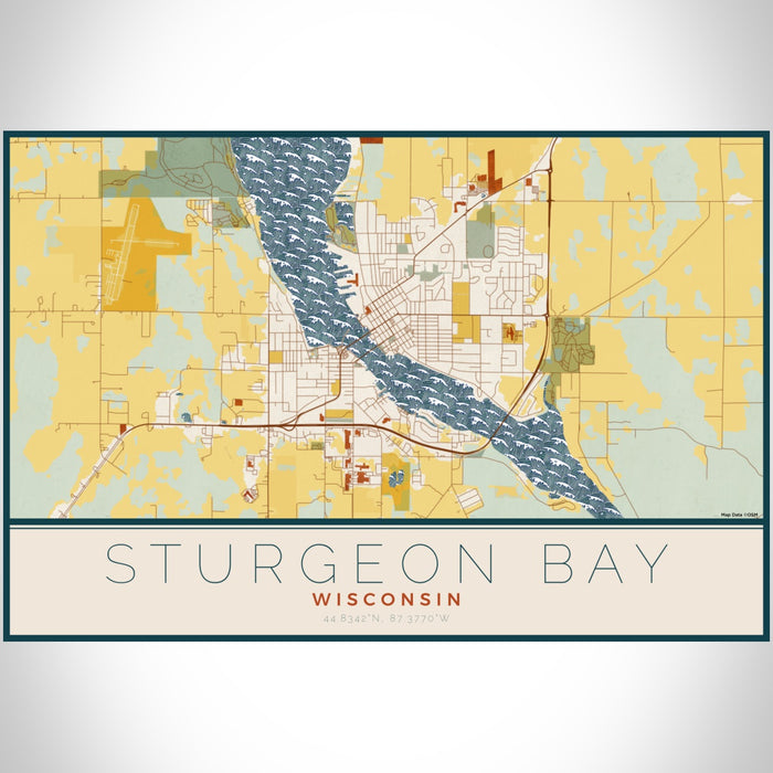 Sturgeon Bay Wisconsin Map Print Landscape Orientation in Woodblock Style With Shaded Background