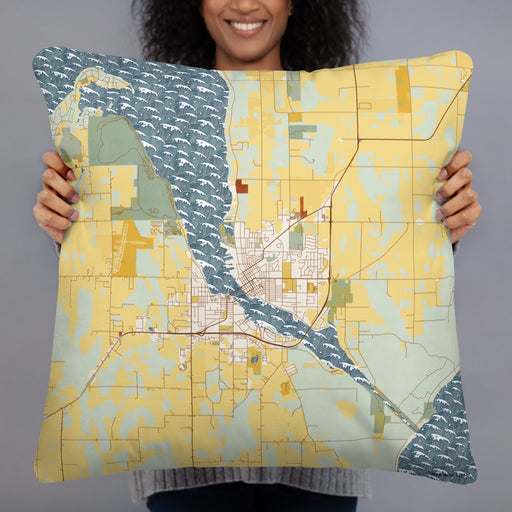 Person holding 22x22 Custom Sturgeon Bay Wisconsin Map Throw Pillow in Woodblock
