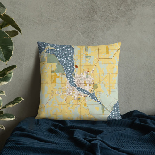 Custom Sturgeon Bay Wisconsin Map Throw Pillow in Woodblock on Bedding Against Wall