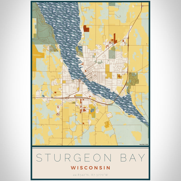 Sturgeon Bay Wisconsin Map Print Portrait Orientation in Woodblock Style With Shaded Background