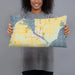 Person holding 20x12 Custom Sturgeon Bay Wisconsin Map Throw Pillow in Woodblock