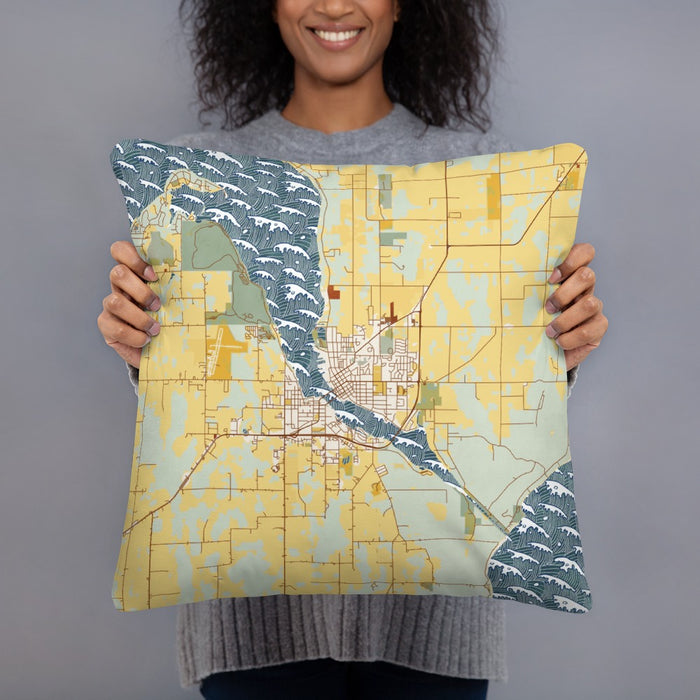 Person holding 18x18 Custom Sturgeon Bay Wisconsin Map Throw Pillow in Woodblock