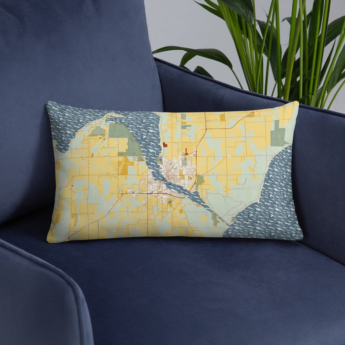Custom Sturgeon Bay Wisconsin Map Throw Pillow in Woodblock on Blue Colored Chair
