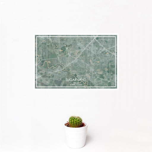 12x18 Sugar Land Texas Map Print Landscape Orientation in Afternoon Style With Small Cactus Plant in White Planter