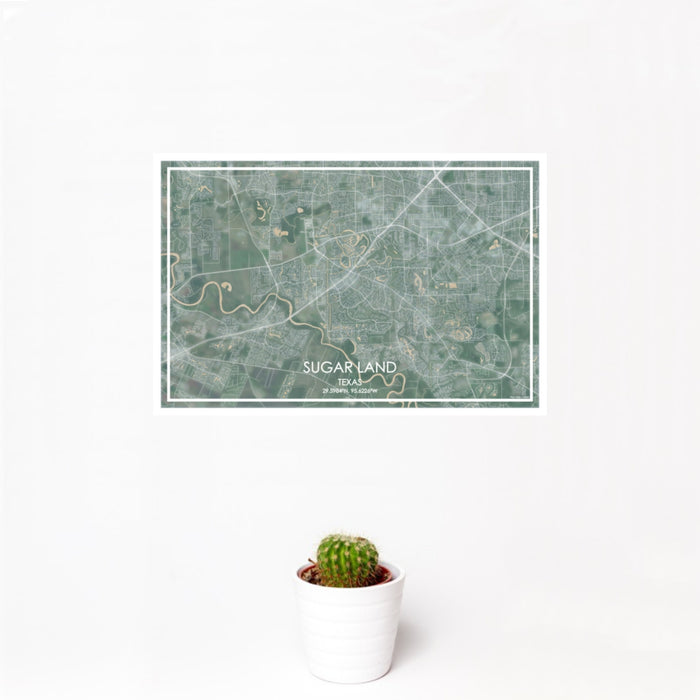 12x18 Sugar Land Texas Map Print Landscape Orientation in Afternoon Style With Small Cactus Plant in White Planter