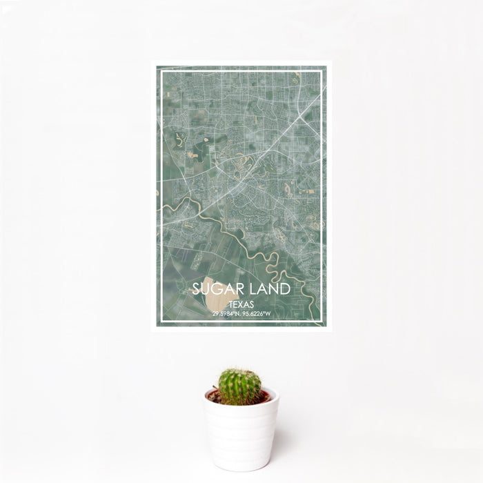 12x18 Sugar Land Texas Map Print Portrait Orientation in Afternoon Style With Small Cactus Plant in White Planter