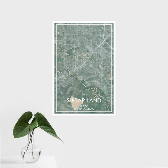 16x24 Sugar Land Texas Map Print Portrait Orientation in Afternoon Style With Tropical Plant Leaves in Water