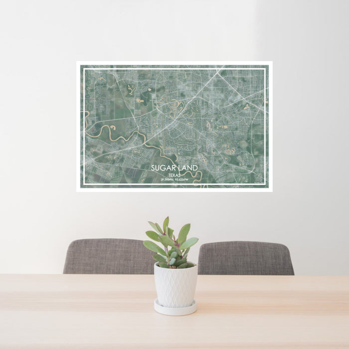 24x36 Sugar Land Texas Map Print Lanscape Orientation in Afternoon Style Behind 2 Chairs Table and Potted Plant