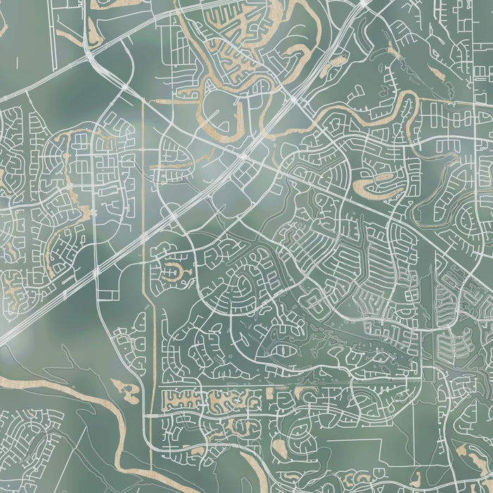 Sugar Land Texas Map Print in Afternoon Style Zoomed In Close Up Showing Details