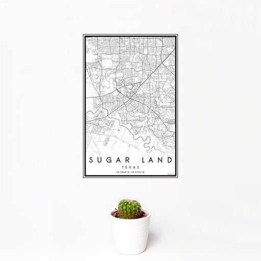 12x18 Sugar Land Texas Map Print Portrait Orientation in Classic Style With Small Cactus Plant in White Planter