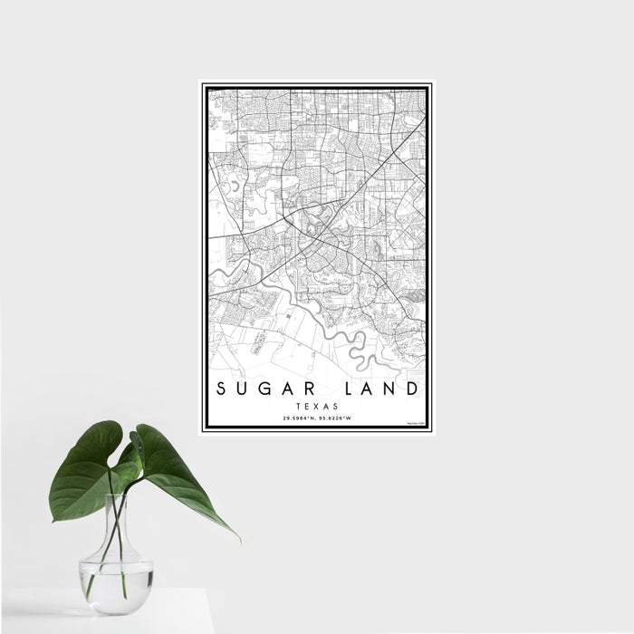16x24 Sugar Land Texas Map Print Portrait Orientation in Classic Style With Tropical Plant Leaves in Water