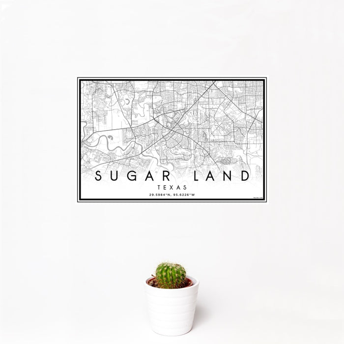 12x18 Sugar Land Texas Map Print Landscape Orientation in Classic Style With Small Cactus Plant in White Planter