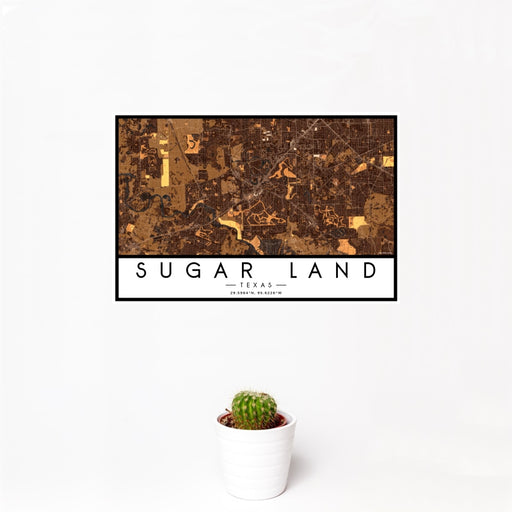 12x18 Sugar Land Texas Map Print Landscape Orientation in Ember Style With Small Cactus Plant in White Planter