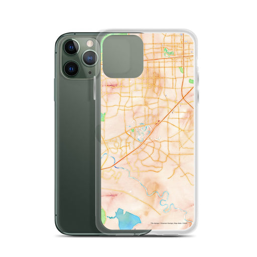Custom Sugar Land Texas Map Phone Case in Watercolor on Table with Laptop and Plant