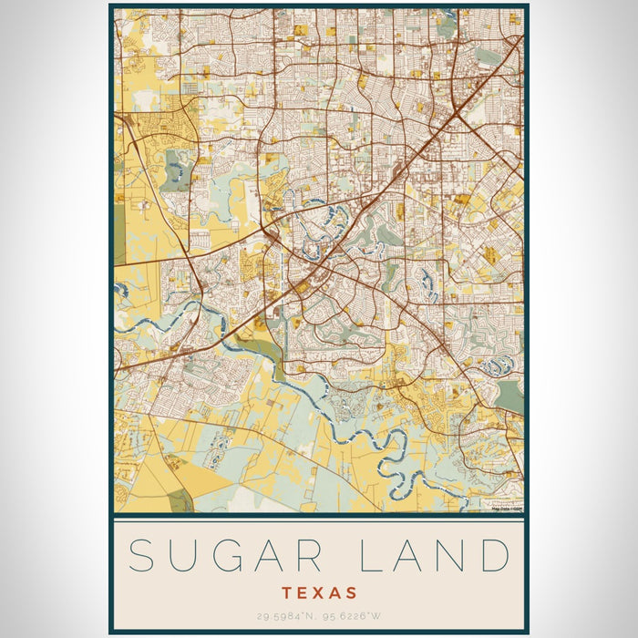Sugar Land Texas Map Print Portrait Orientation in Woodblock Style With Shaded Background