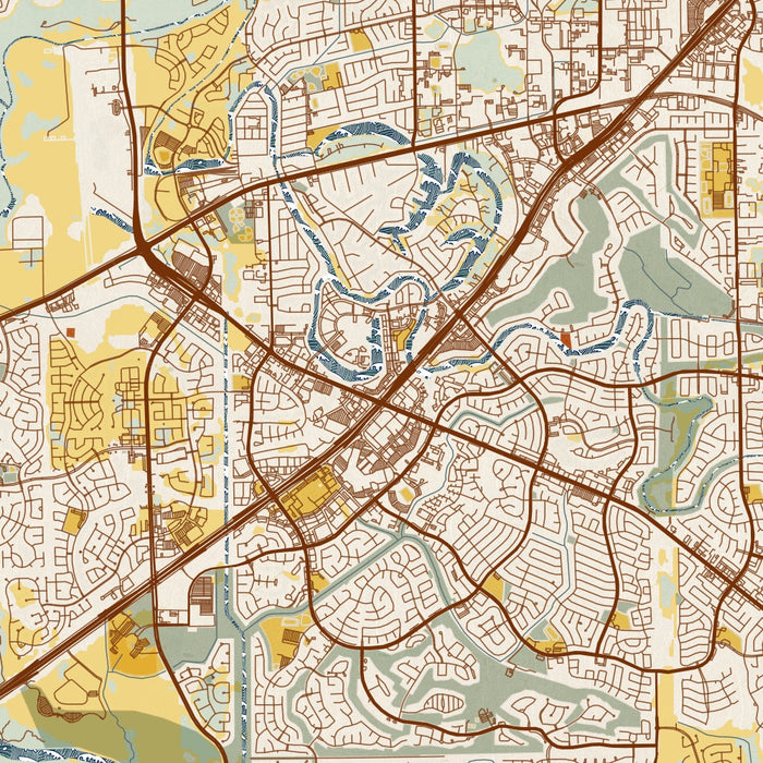 Sugar Land Texas Map Print in Woodblock Style Zoomed In Close Up Showing Details