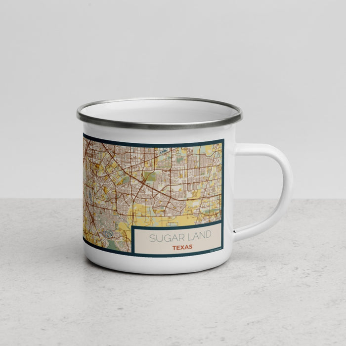 Right View Custom Sugar Land Texas Map Enamel Mug in Woodblock