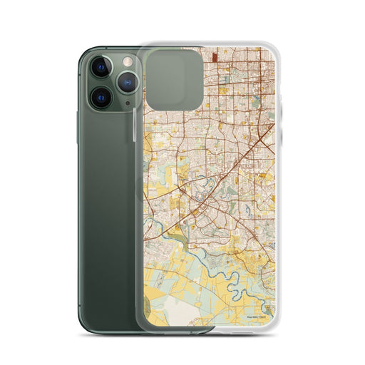 Custom Sugar Land Texas Map Phone Case in Woodblock on Table with Laptop and Plant
