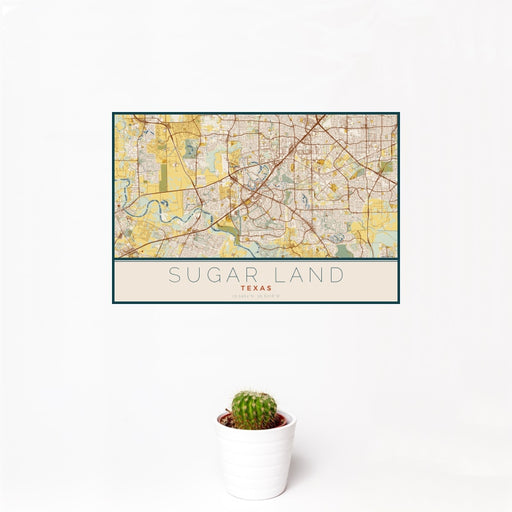 12x18 Sugar Land Texas Map Print Landscape Orientation in Woodblock Style With Small Cactus Plant in White Planter