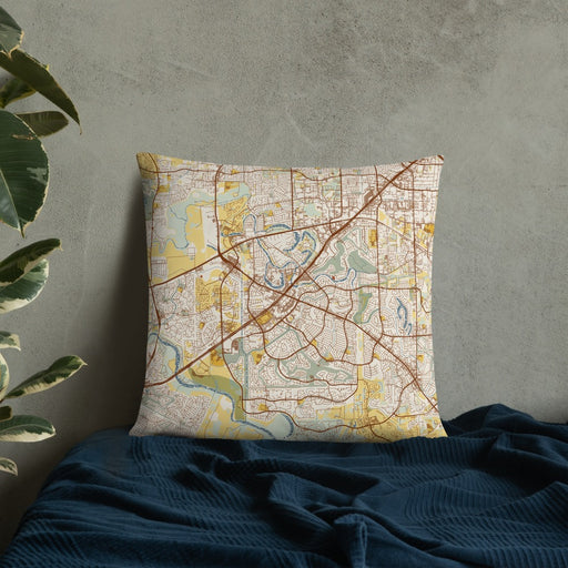 Custom Sugar Land Texas Map Throw Pillow in Woodblock on Bedding Against Wall