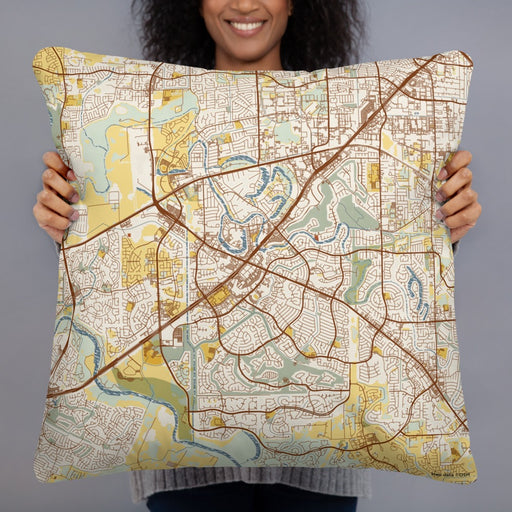 Person holding 22x22 Custom Sugar Land Texas Map Throw Pillow in Woodblock