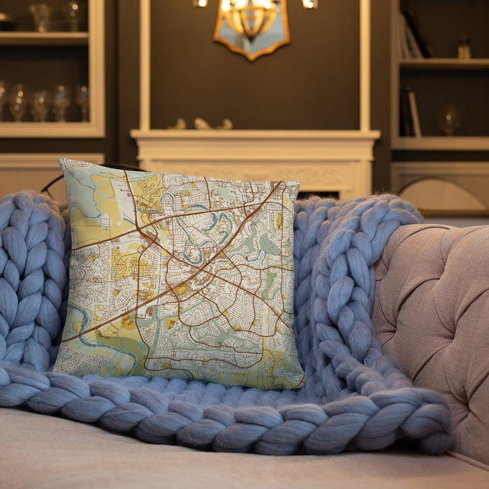 Custom Sugar Land Texas Map Throw Pillow in Woodblock on Cream Colored Couch