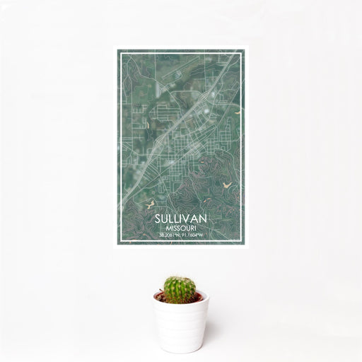 12x18 Sullivan Missouri Map Print Portrait Orientation in Afternoon Style With Small Cactus Plant in White Planter