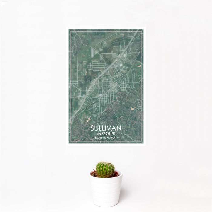 12x18 Sullivan Missouri Map Print Portrait Orientation in Afternoon Style With Small Cactus Plant in White Planter