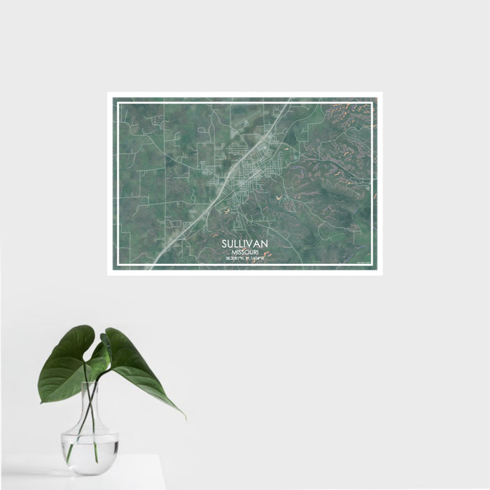 16x24 Sullivan Missouri Map Print Landscape Orientation in Afternoon Style With Tropical Plant Leaves in Water