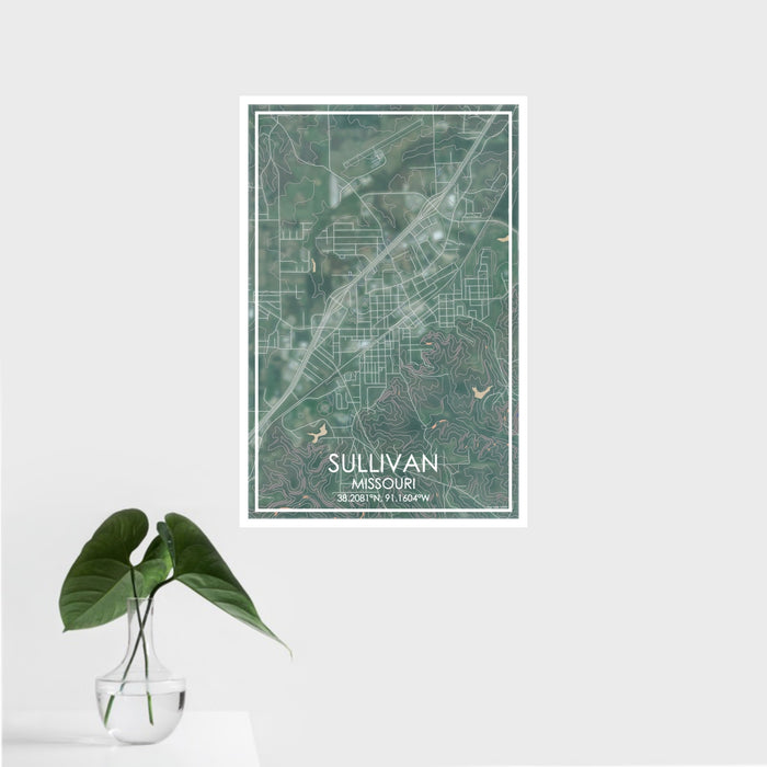 16x24 Sullivan Missouri Map Print Portrait Orientation in Afternoon Style With Tropical Plant Leaves in Water
