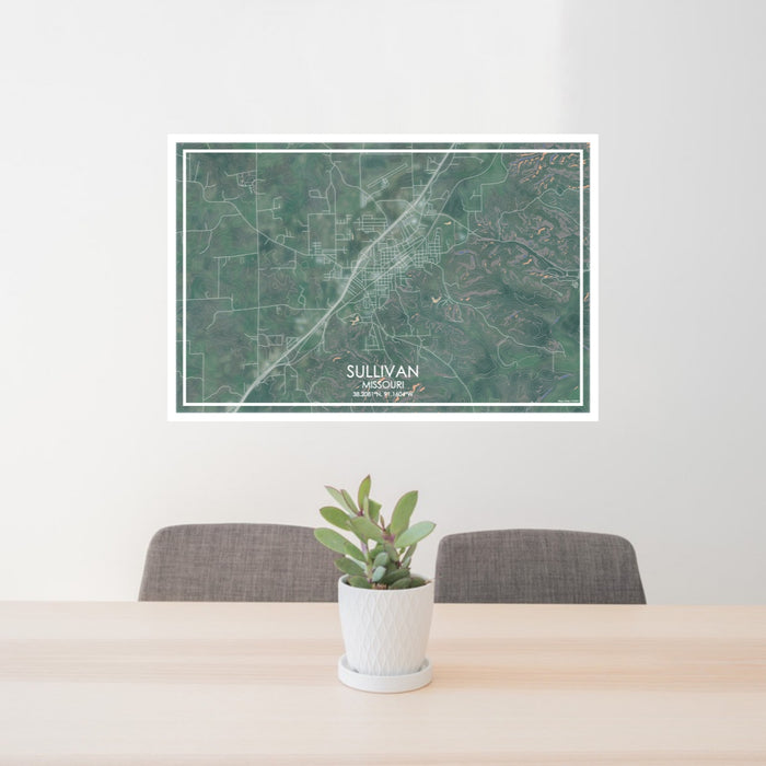 24x36 Sullivan Missouri Map Print Lanscape Orientation in Afternoon Style Behind 2 Chairs Table and Potted Plant