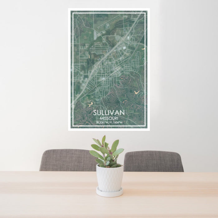 24x36 Sullivan Missouri Map Print Portrait Orientation in Afternoon Style Behind 2 Chairs Table and Potted Plant