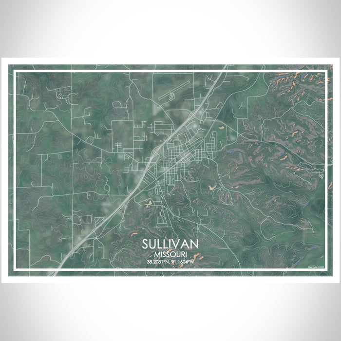 Sullivan Missouri Map Print Landscape Orientation in Afternoon Style With Shaded Background