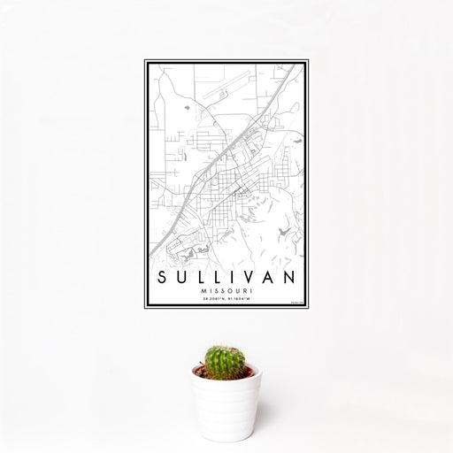 12x18 Sullivan Missouri Map Print Portrait Orientation in Classic Style With Small Cactus Plant in White Planter