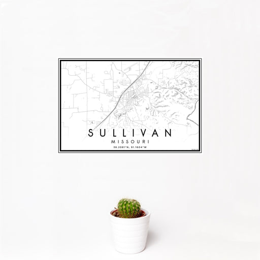 12x18 Sullivan Missouri Map Print Landscape Orientation in Classic Style With Small Cactus Plant in White Planter